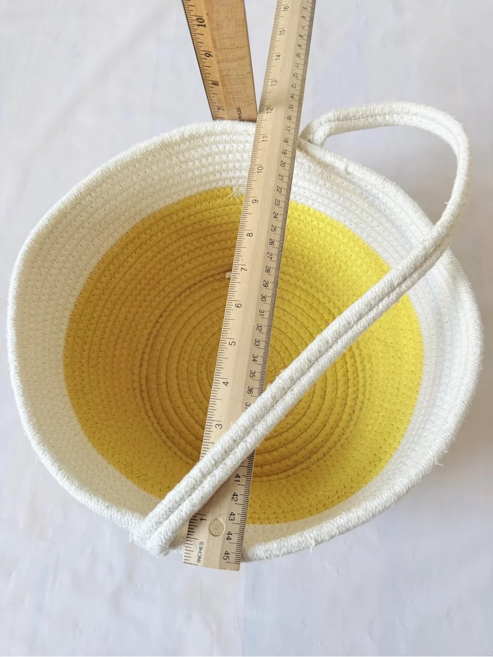 Yellow Cream Coiled Cotton Rope Basket Tote Single Handle Storage Decorative